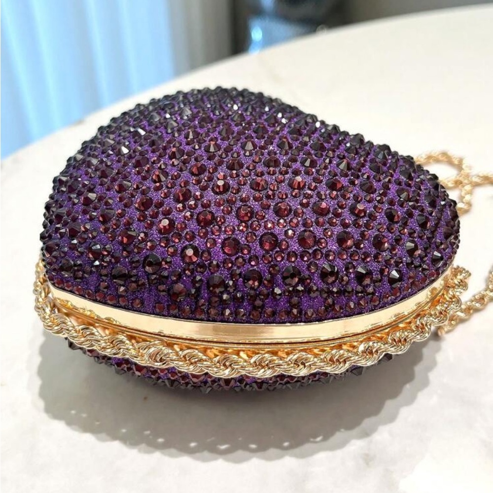 Purple Heart Shaped Rhinestone Inlaid, Metal Chain Strap Handbag / Clutch - Picture 9 of 15